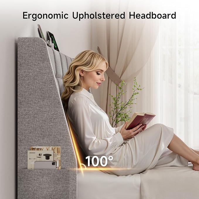 ONBRILL Ergonomic Upholstered Full Size Headboard w/Charging Station, Linen Wingback Headboards w/Storage Pocket, Full Headboard Only, Bed Frame Adapters, Sturdy Solid Wood Bed Head Board, Light Grey