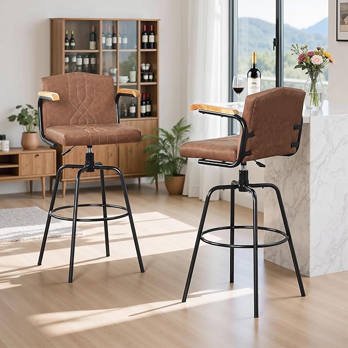 VECELO Bar Stools Set of 2, Swivel Faux Leather Bar Stools with Backs and Footrest, for Kitchen Islands, Dining Counters, Home Bars, Brown