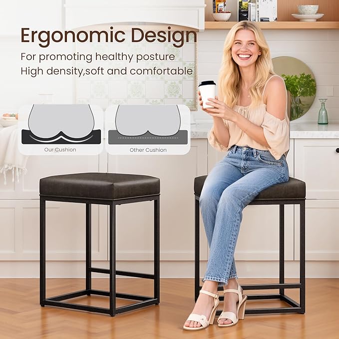 ALPHA HOME 24 Inch Counter Height Bar Stools, Upholstered Bar Stools for Kitchen Island, Counter Stools with Faux Leather Cushion and Sturdy Metal Frame, Modern Barstools, Grey