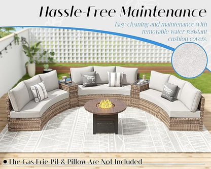 Patio Furniture Sets, 11 Piece Half-Moon Sectional Round Sofa Set, Outdoor Patio Furniture with Cushions & Wedge Table for Beach, Pool, Balcony, Beige