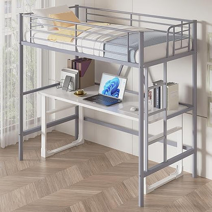 VECELO Metal Loft Bed Twin Size, Heavy Duty Bedframe with Removable Ladder and Safety Guardrail, Space-Saving, Noise Free, No Box Spring Needed, Grey