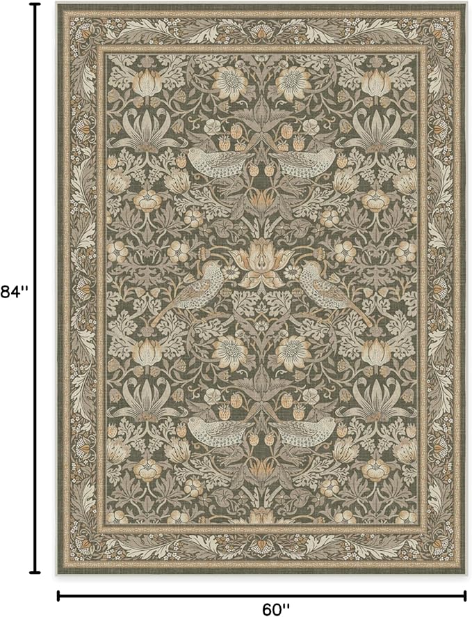 RUGGABLE x Morris & Co Machine Washable Area Rug – Strawberry Thief Stone Gold 5x7, Stain-Resistant, Non-Slip – Medium Rugs for Living Room, Bedroom, Hallway, Entryway & Office–with Cushioned Pad