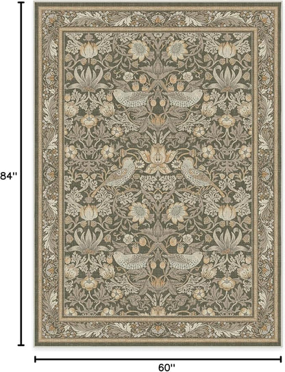 RUGGABLE x Morris & Co Washable Area Rug–Strawberry Thief Stone Gold 5x7, Stain-Resistant, Non-Slip–Medium Machine Washable Rugs for Living Room, Bedroom, Hallway, Entryway & Office–with Standard Pad