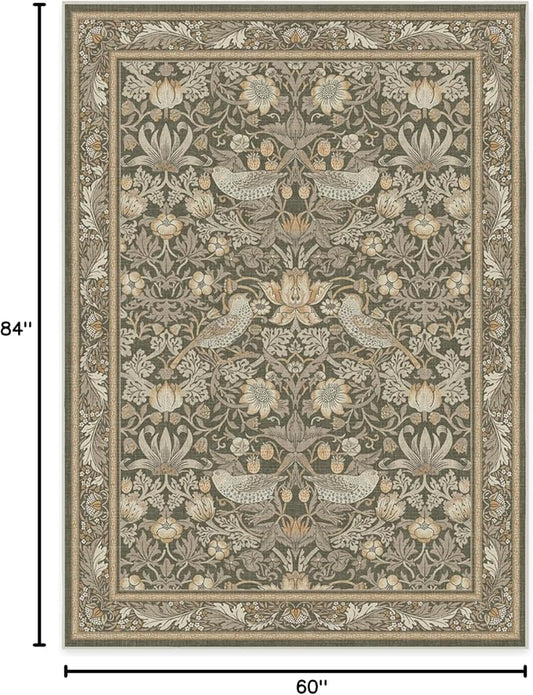 RUGGABLE x Morris & Co Washable Area Rug–Strawberry Thief Stone Gold 5x7, Stain-Resistant, Non-Slip–Medium Machine Washable Rugs for Living Room, Bedroom, Hallway, Entryway & Office–with Standard Pad