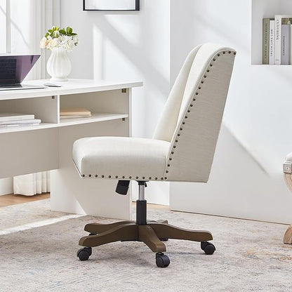 Armless Upholstered Office Chair with Wooden Legs, Modern Criss Cross Adjustable Home Office Desk Chair No Arms Sewing Chair Swivel Chair for Women Farmhouse Study Studio (Beige)