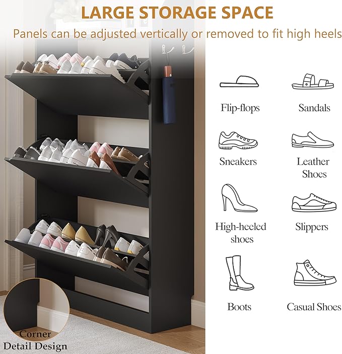 Tall Shoe Cabinet with Coat Rack, Hidden Shoe Storage Cabinet with Doors & Drawer, Hanging Bar & Hooks, Slim Narrow Freestanding Shoe Rack Organizer for Entryway, Hallway & Living Room, Black