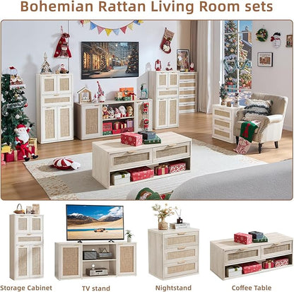 LEYAOYAO 48" Tall Storage Cabinet,Rattan Bathroom Floor Cabinets with 2 Doors & 1Drawer,Boho Kitchen Pantry with Adjustable Shelves,Wooden Cupboard for Living Room,Home Office,Dining,White Cream Oak