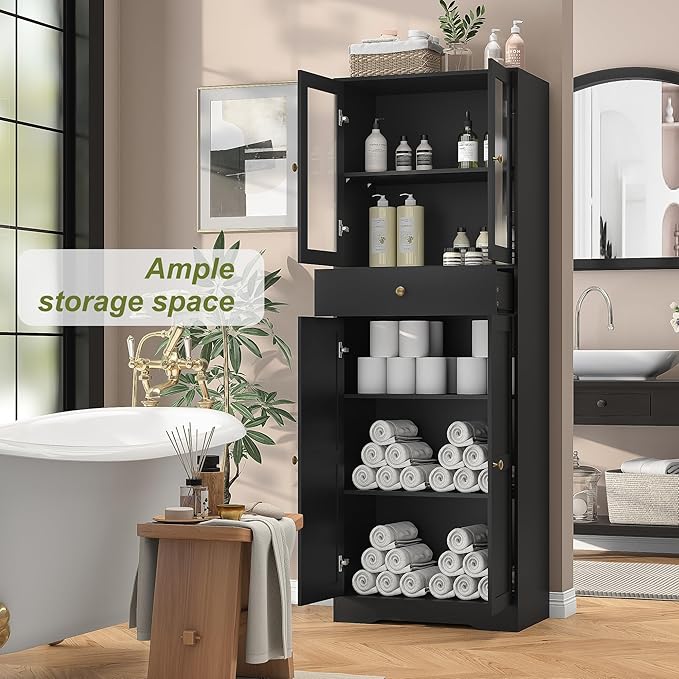 Space-Saving 67 Inch Bathroom Linen Cabinet,Freestanding Tall Storage Tower with Adjustable Shelves & Glass Doors for Bathroom, Kitchen, Hallway Organization (Black)