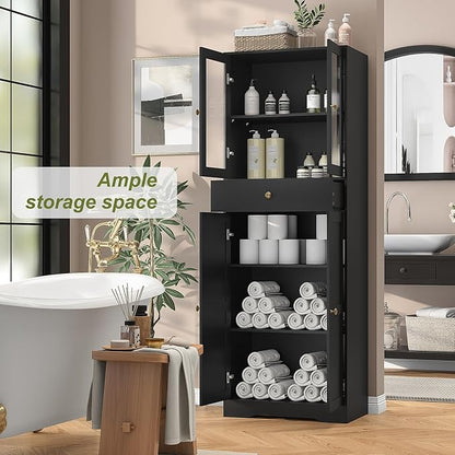 Space-Saving 67 Inch Bathroom Linen Cabinet,Freestanding Tall Storage Tower with Adjustable Shelves & Glass Doors for Bathroom, Kitchen, Hallway Organization (Black)
