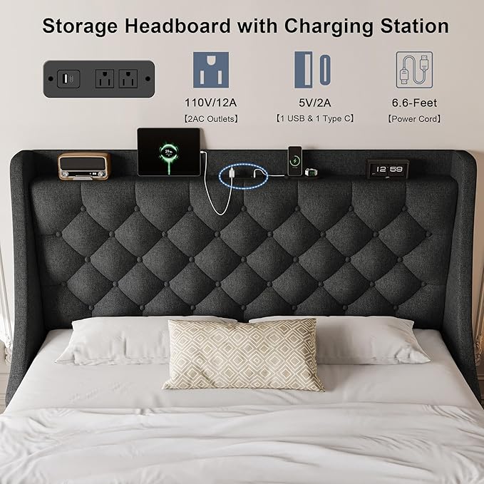 Full Size Upholstered Platform Bed Frame with 4 Storage Drawers and Charging Station, Linen Button Tufted Wingback Headboard, Sturdy Wooden Support Slats, No Box Spring Needed, Dark Grey