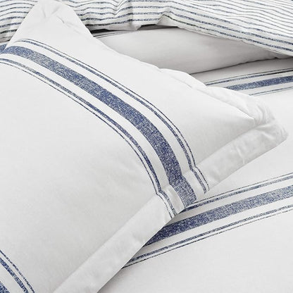 Lush Decor Farmhouse Stripe Reversible Cotton Comforter Set, 3 Piece Set, Full/ Queen, Navy - Cozy Farmhouse Bedding Set - Rustic Decor - Striped Comforter - Modern Farmhouse Bedroom Decor