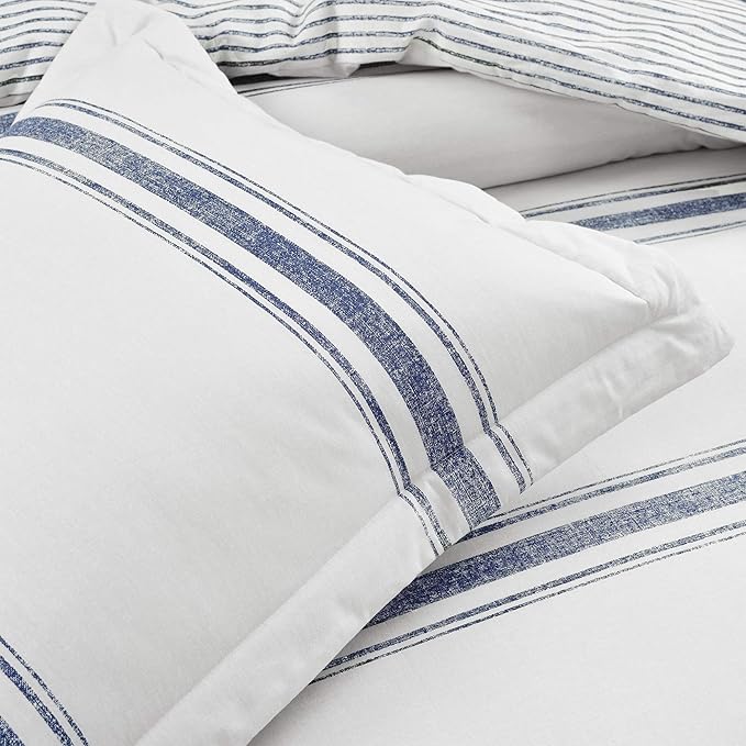 Lush Decor Farmhouse Stripe Reversible Cotton Comforter Set, 3 Piece Set, King, Navy - Cozy Farmhouse Bedding Set - Rustic Decor - Striped Comforter - Modern Farmhouse Bedroom Decor