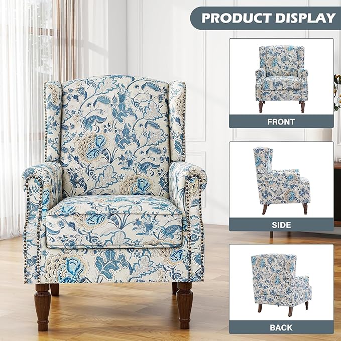 UIXE High Back Floral Accent Chair, Fabric Upholstered Armchair Wingback Arm Chair for Living Room, Nailhead Trim Single Sofa Bedroom Side Reading Seat with Retro Solid Wood Legs - Boho Blue