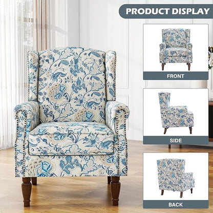 UIXE High Back Floral Accent Chair, Fabric Upholstered Armchair Wingback Arm Chair for Living Room, Nailhead Trim Single Sofa Bedroom Side Reading Seat with Retro Solid Wood Legs - Boho Blue