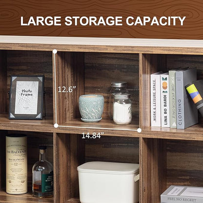 8 Cube Storage Organizer Bookshelf, Industrial Horizontal Bookcase, Accent Cubby Shelf, Media Console Table for Living Room, Home Office, 13.6" D x 63" W x 30.9" H, Light Oak