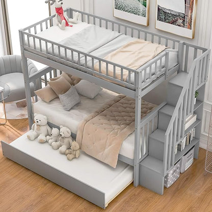 Twin-Over-Twin Bunk Bed with Trundle,Guardrail and 4 Storage Shelves,Wood Bunk-Bed W/Planked Panel Headboards & Footboards,Bedroom Furniture for Children,Teens,Adults,Gray