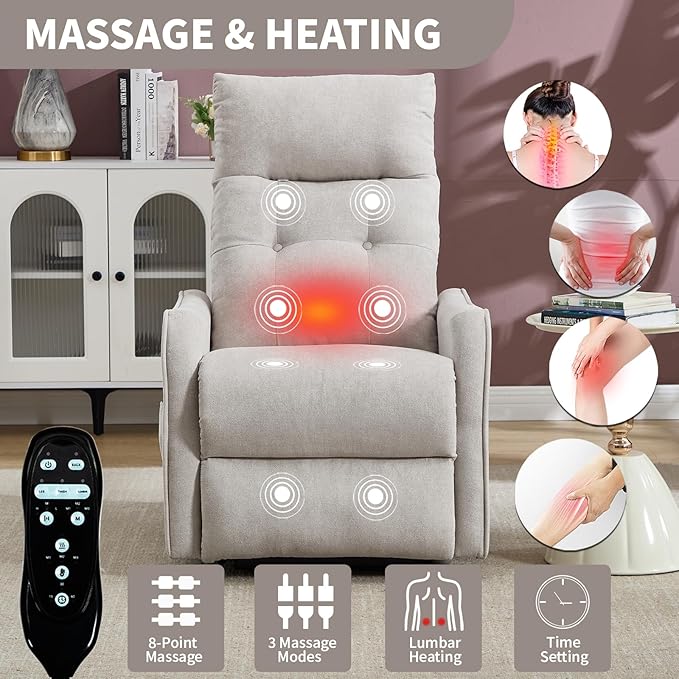 PELUMY Manual Lift Recliner Chair with Massage and Heat for Elderly, Single Motor Electric Lift Chair, Heavy Duty Recliner with USB Charging & Side Pockets (Chenille, Beige)