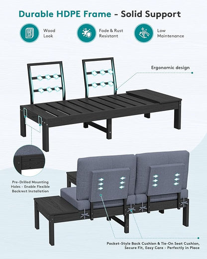 SERWALL HDPE Patio Furniture Set with 15FT Double Side Patio Umbrella, Outdoor Sofa Set, Seats 6, Modular Sectional Couch for Patio, Garden, Backyard, Black Frame with Grey Cushion