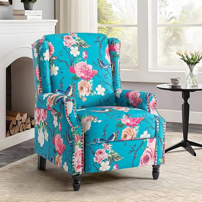 UIXE Pushback Floral Recliner Chairs Set of 2, Fabric Upholstered Armchair Push Back Accent Chair for Living Room, Rivet Trim Club Chair Single Sofa Bedroom Side Reading Seat - Peacock Blue
