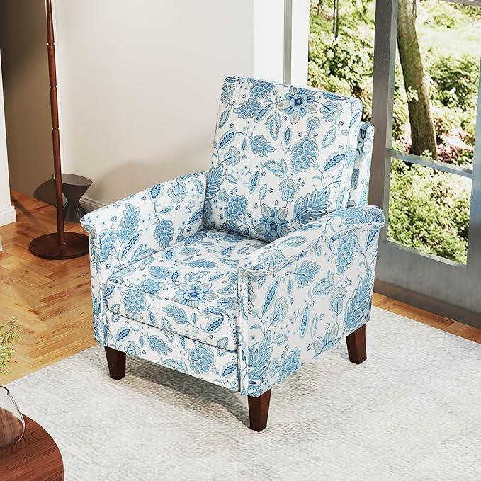 GOFLAME Floral Accent Chairs Set of 2, Comfy Upholstered Armchairs with Rubber Wood Legs and Thick Padded Cushion, High Back Single Sofa Chairs, Reading Side Chairs for Living Room, Bedroom, Blue
