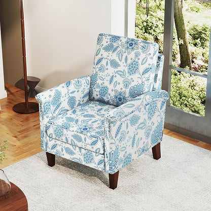 GOFLAME Floral Accent Chair, Comfy Upholstered Armchair with Rubber Wood Legs and Thick Padded Cushion, High Back Single Sofa Chair, Reading Side Chair for Living Room, Bedroom, Blue