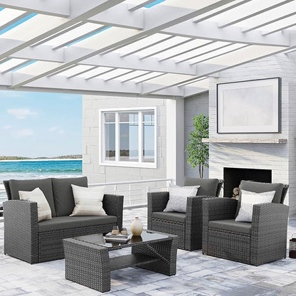 Wisteria Lane 4 Piece Patio Furniture Set, Wicker Outdoor Patio Conversation Furniture Set, All Weather Outdoor Patio Sofa with Cushion and Glass Table, Dark Grey