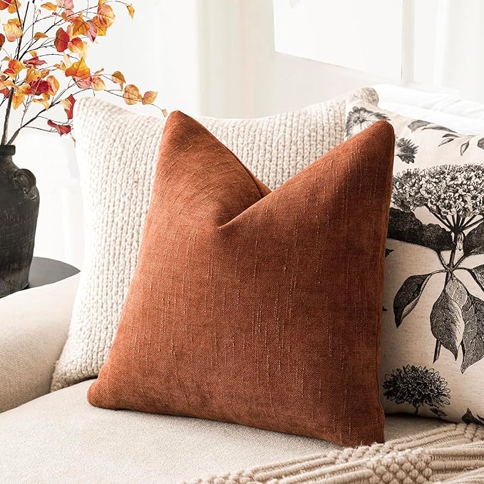 Foindtower Pack of 2 Soft Textured Throw Decorative Pillow Covers Square Accent Solid Cushion Cover Cozy Farmhouse Pillow Case with Zipper for Couch Sofa Bed Living Room 24x24 Inch, Burnt Orange