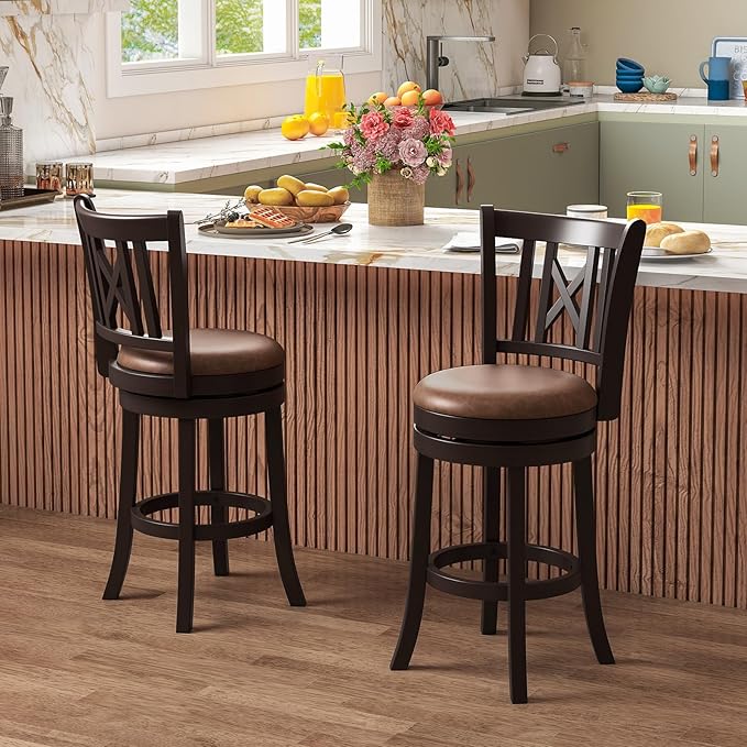COSTWAY Bar Stools Set of 2, 26” Swivel Bar Chairs with Footrest, Rubber Wood Frame & Hollowed Backrest, Leathaire Counter Height Stools, Padded Counter Stools for Kitchen Island & Pub (2, 26'')