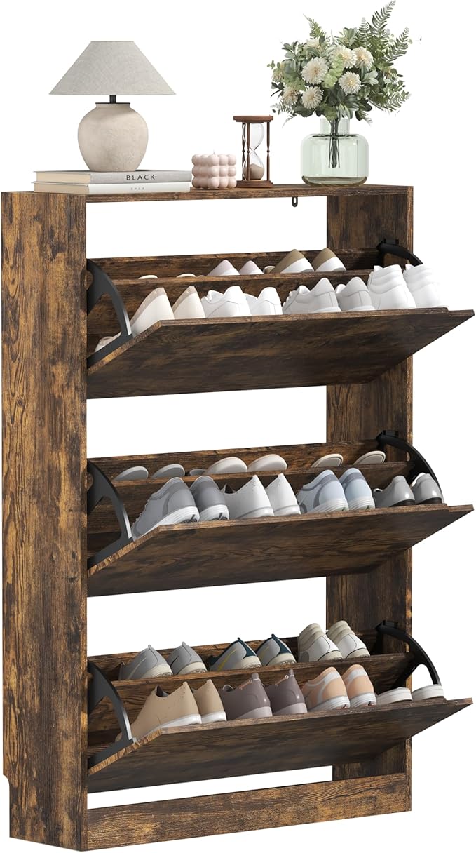 Shoe Storage Cabinet with 3 Flip Drawers, Slim Hidden Wood Shoe Cabinet Storage for Entryway, Freestanding Narrow Shoe Rack Organizer with Adjustable Shelves for Foyer, Hallway, Brown