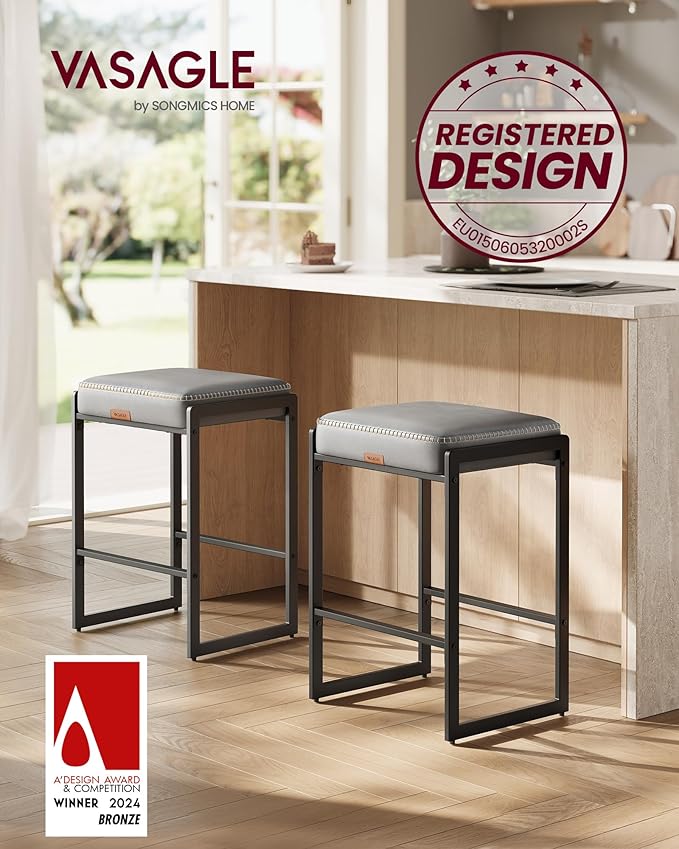 VASAGLE EKHO Collection - Bar Stools Set of 4, Counter Height Bar Stools, Synthetic Leather with Stitching, Mid-Century Modern Counter Stools, 26-Inch Tall, Kichen Home Bar Dining Room, Dove Gray