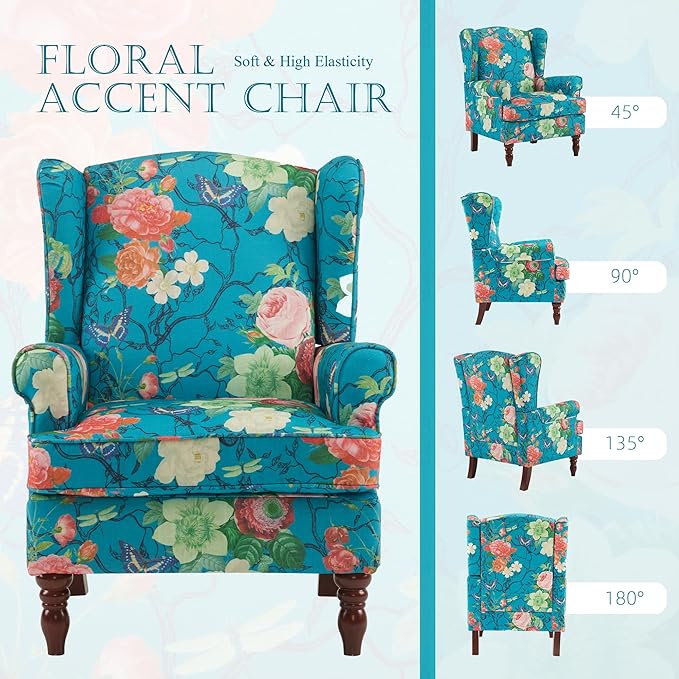 MELLCOM Floral Accent Chair, High Back Upholstered Armchair with Solid Legs, Leisure Single Sofa Chair for Living Room, Bedroom, Home Office, Teal Floral