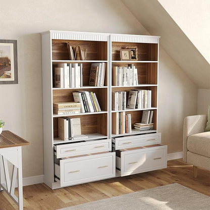 LITTLE TREE 72-Inch Tall White Bookcase, 5-Tier Wooden Open Display Bookshelf with 2 Drawers fits Letter, Legal, A4 Size, Modern Floor Standing Storage Organizer for Home Office & Living Room,Bedroom