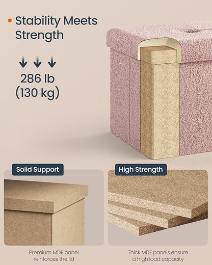 SONGMICS Small Folding Storage Ottoman, Foot Rest Stool, 12.2 x 16.1 x 12.2 Inches, Ottoman with Storage, Load up to 286 lb, for Living Room, Bedroom, Dorm, Jelly Pink ULSF094R01