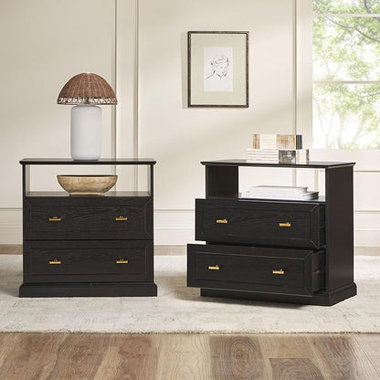 Walker Edison 2- Pack Clyde Modern Farmhouse 2 Drawer Nightstands with Shelf, 26 Inch, Black