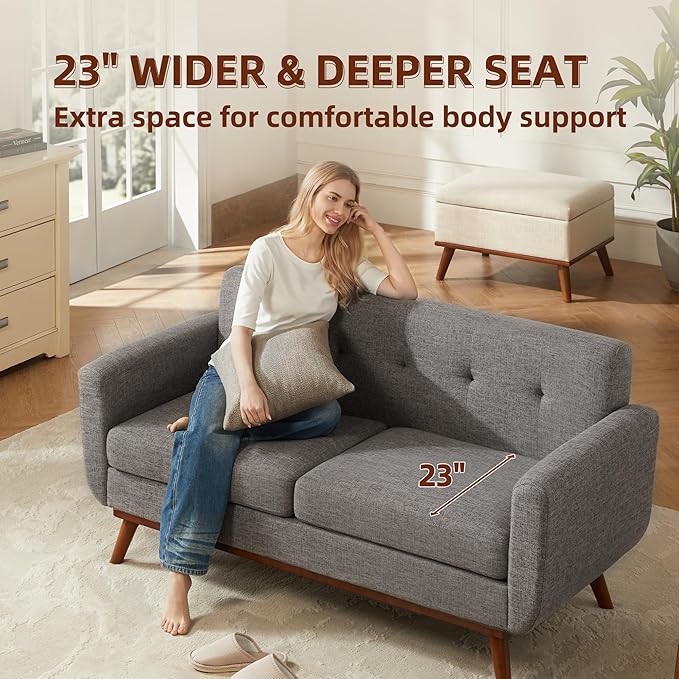 Tbfit Loveseat Sofa, 65" W Mid Century Modern Love Seat Small Loveseat for Bedroom, Button Tufted Upholstered Small Couch Sofa for Living Room, Grey