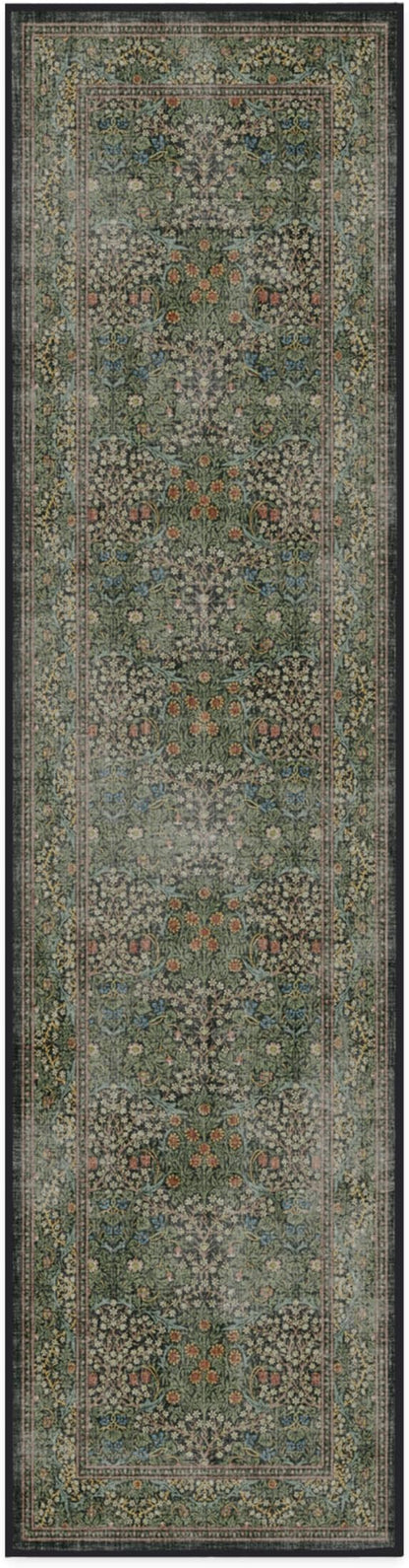 RUGGABLE x Morris & Co Machine Washable Runner Rug – Blackthorn Forest Green 2.5x10, Stain-Resistant, Non-Slip – Washable Rug for Hallway, Entryway, Living Room & Kitchen–with Cushioned Pad