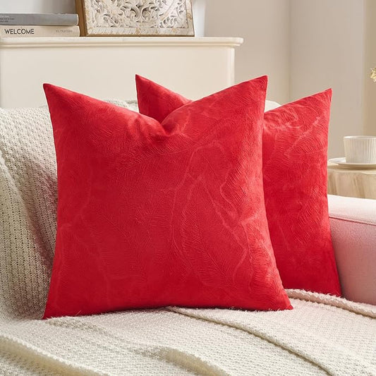 FUTEI Christmas Red Velvet Throw Pillow Covers 24x24 Inch Set of 2,Soft Embossed Leaf-Relief Textured European Cushion Cases,Natural Home Decor for Couch Living Room