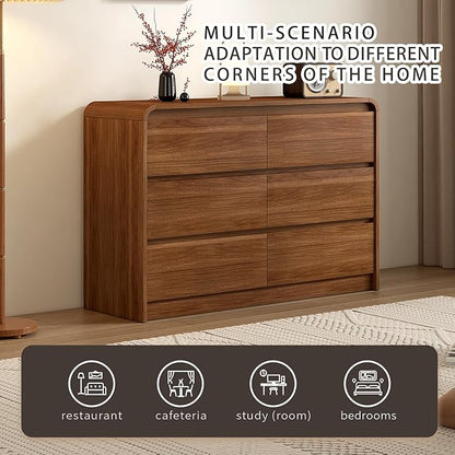 6 Drawer Dresser For Bedroom 47 Inch Wood Chest of Drawers - Curved Anti Collision, Mid Century Dresser For Closet with Natural Texture & Pre-Embedded Slots for TV Stand, Living Room, Nursery