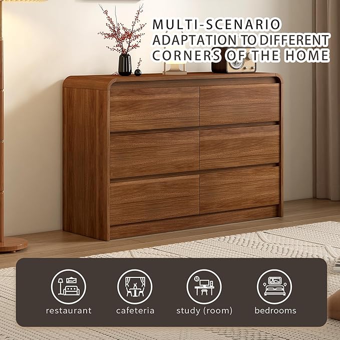 55 Inch Dresser For Bedroom 6 Drawer Wood Chest of Drawers - Curved Anti Collision, Mid Century Dresser For Closet with Natural Texture & Pre-Embedded Slots for TV Stand, Living Room, Nursery