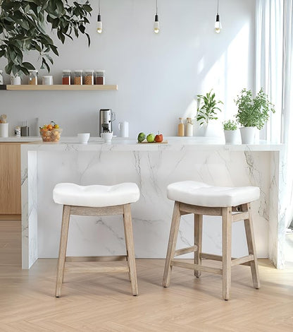 Counter Height White Bar Stools Set of 4 for Kitchen Counter Farmhouse Modern Barstools with Faux Leather Upholstered Backless Seat and Solid Wood Legs 24 inch Bar Chairs, White + Wood Color