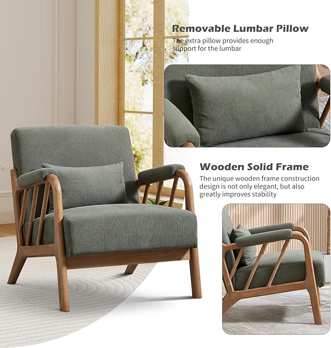 Mid Century Modern Accent Chair with Solid Wood Frame, Upholstered Living Room Chairs with Lumbar Cushion Padded Arms, Reading Armchair for Bedroom (1, Green)