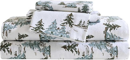 Eddie Bauer - Flannel Sheets Twin Size, Anti-Pilling & Wrinkle Resistant Cotton, Touchably Soft for All-Season Comfort - Bed Sheets with Matching Pillowcase & Fitted Sheet (Snowy Pine Trees Green)
