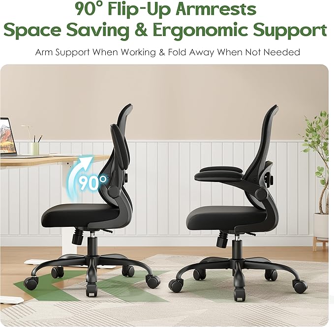 Office Chair Ergonomic Desk Chair - Mesh Comfy Home Desk Office Chairs with Wheels Adjustable Lumbar Support Flip up Armrest Executive Rolling Swivel Teacher Task Computer Chair Black
