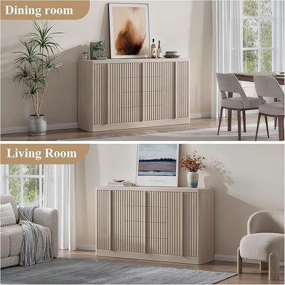 Buffet Cabinet with Storage, 60" Fluted Sideboard with 4 Drawers & 2 Door–Modern Accent Buffet Cabinet with Adjustable Shelves, Credenza Storage Cabinet for Kitchen Living Room, White Alder(1PC)