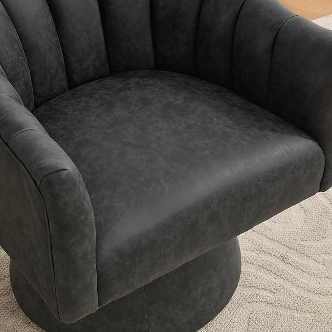 Swivel Accent Chair, Faux Leather 360° Swivel Barrel Chair Upholstered Modern Living Room Chair, Overstuffed Reading Armchair for Bedroom,Vanity,Office-Black