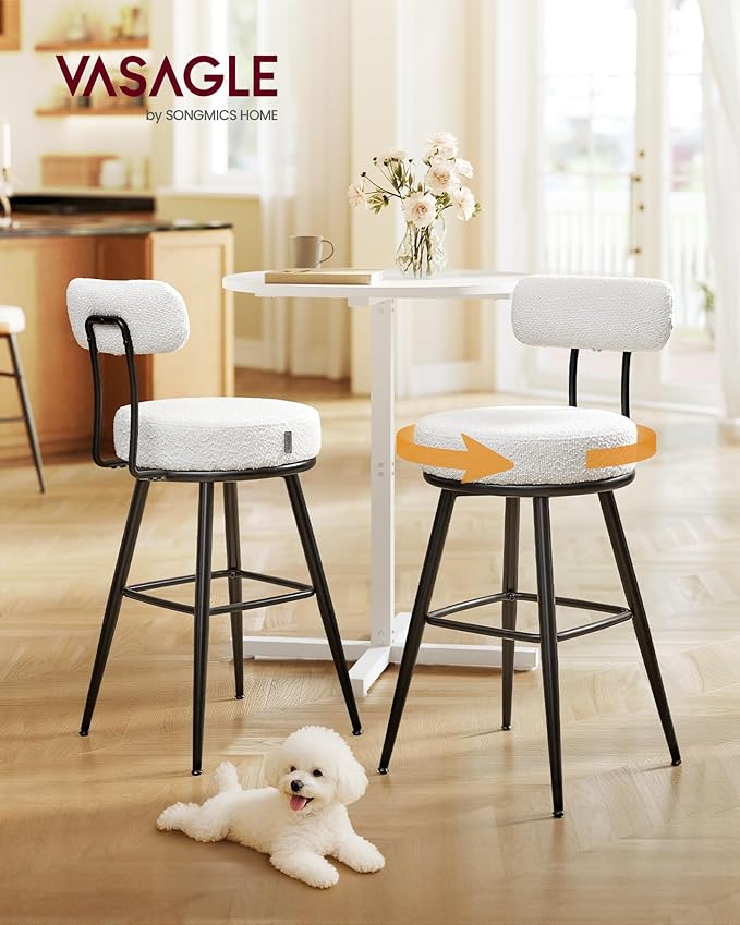 VASAGLE 360° Swivel Bar Stools Set of 2, Counter Height Bar Stools with Back, Boucle Fabric, Contemporary Modern, 25.4 Inch Tall, Kitchen and Home Bar, Cloud White ULBC130W01V1