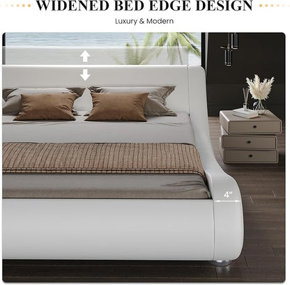 SHA CERLIN Queen Size Upholstered Bed Frame, Deluxe Low Profile Sleigh Bed with Faux Leather Ergonomics Headboard, No Box Spring Needed & Easy Assembly, White