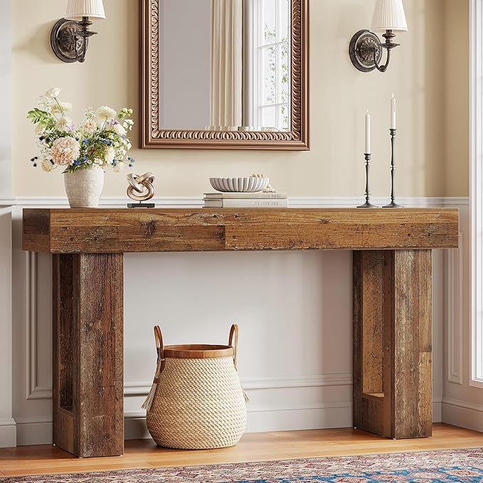 Tribesigns 63" Farmhouse Console Table, Natural Wooden Sofa Table Rectangular Accent Console for Entryway, Hallway & Living Room (Mix Brown)