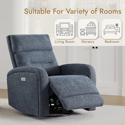 Watson & Whitely Swivel Power Recliner Glider Rocker, Small Recliner with Charging Port for Living Room, Fabric in Blue
