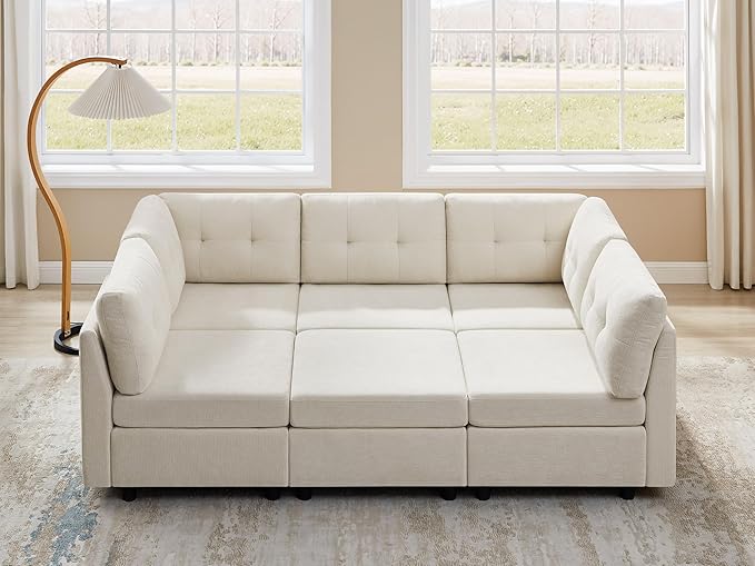 VANOMi 5 Seat Modular Sectional Sofa with Ottoman, Convertible Modular Cloud Sofa Bed, Comfy Chenille Sofas & Couches for Living Room, Apartment, Office, Beige, Sofa Bed